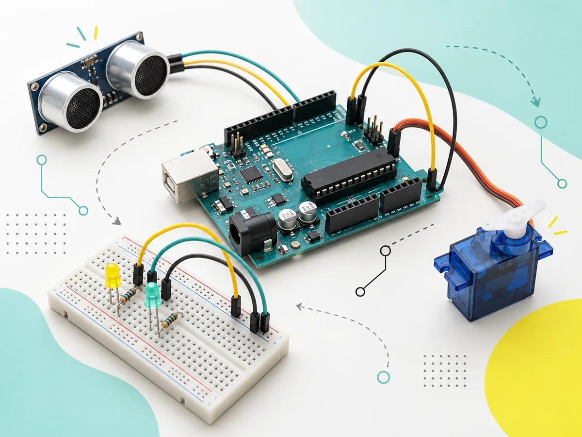 Placa Arduino conectada con cables a una protoboard con LEDs, un sensor de distancia y un servomotor