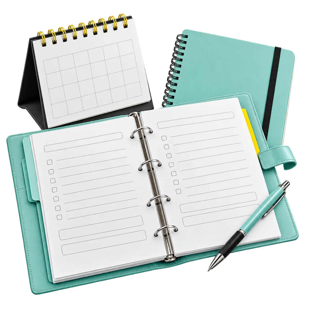 Carpeta de inscripción abierta con hojas de matrícula, bolígrafo, calendario de sobremesa y mochila